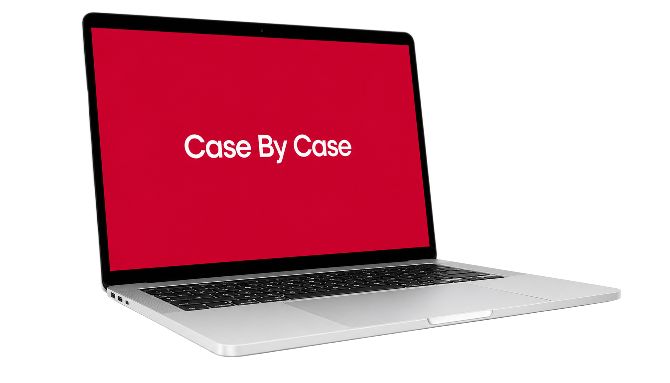 Laptop med rød skærm der viser Case By Case
